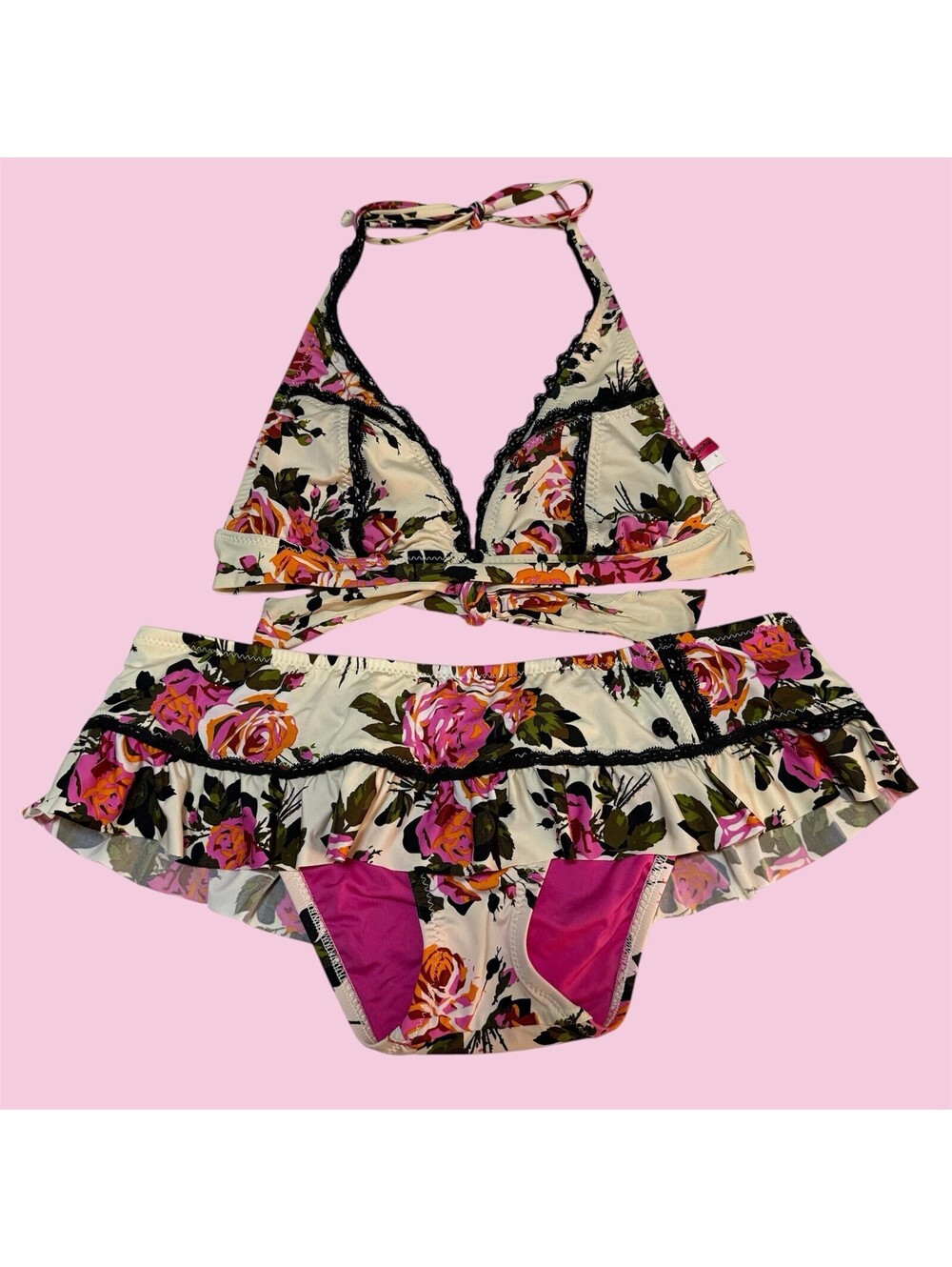 Vintage Betsey Johnson Y2K Gypsy Rose Floral Skirted Bikini Set Size Medium